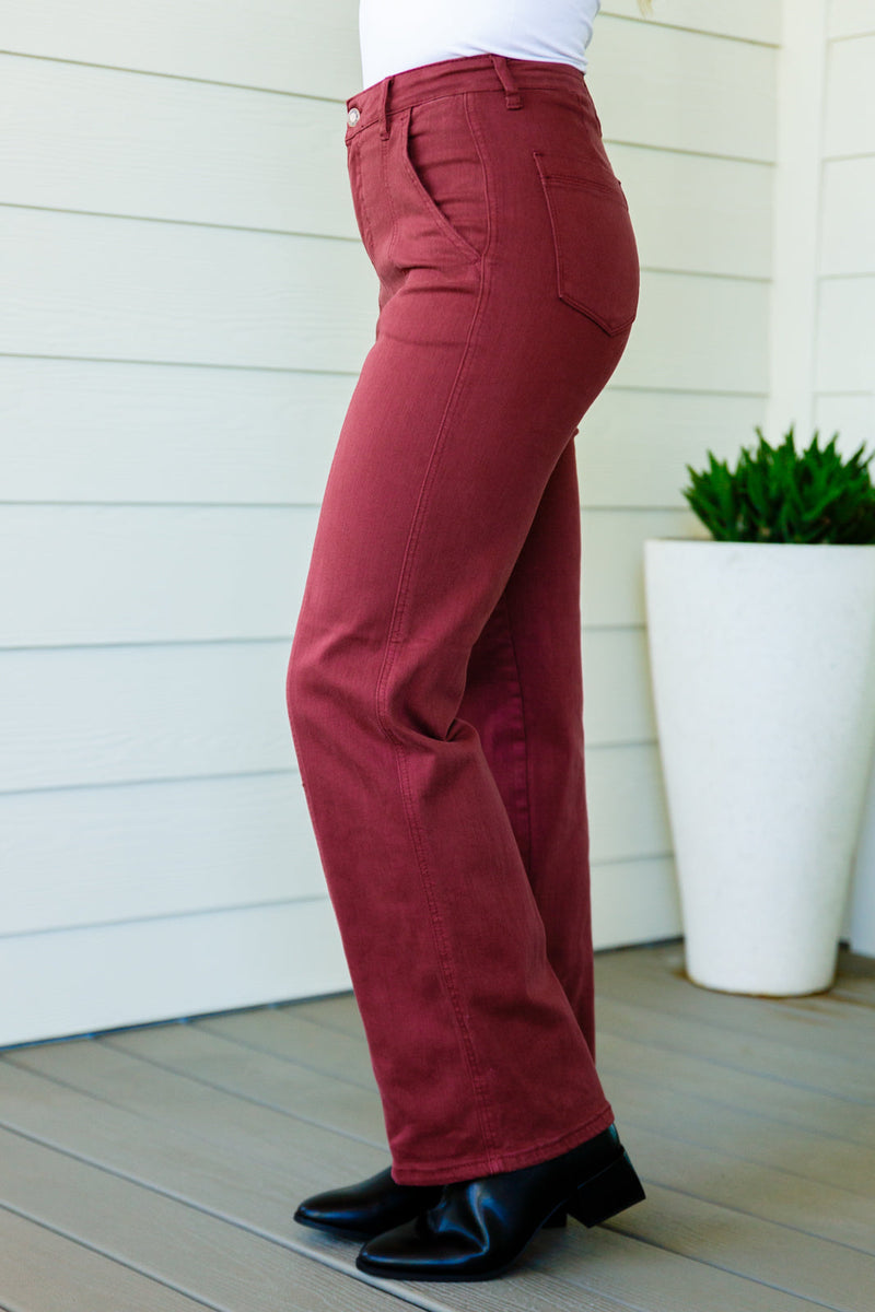 Phoebe High Rise Front Seam Straight Jeans in Burgundy**
