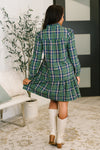 Plaid Perspective Split Neck Long Sleeve Dress