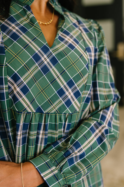 Plaid Perspective Split Neck Long Sleeve Dress