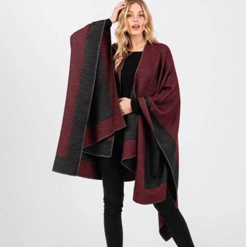 Two Tone Knitted Cape With Pull Through Closure