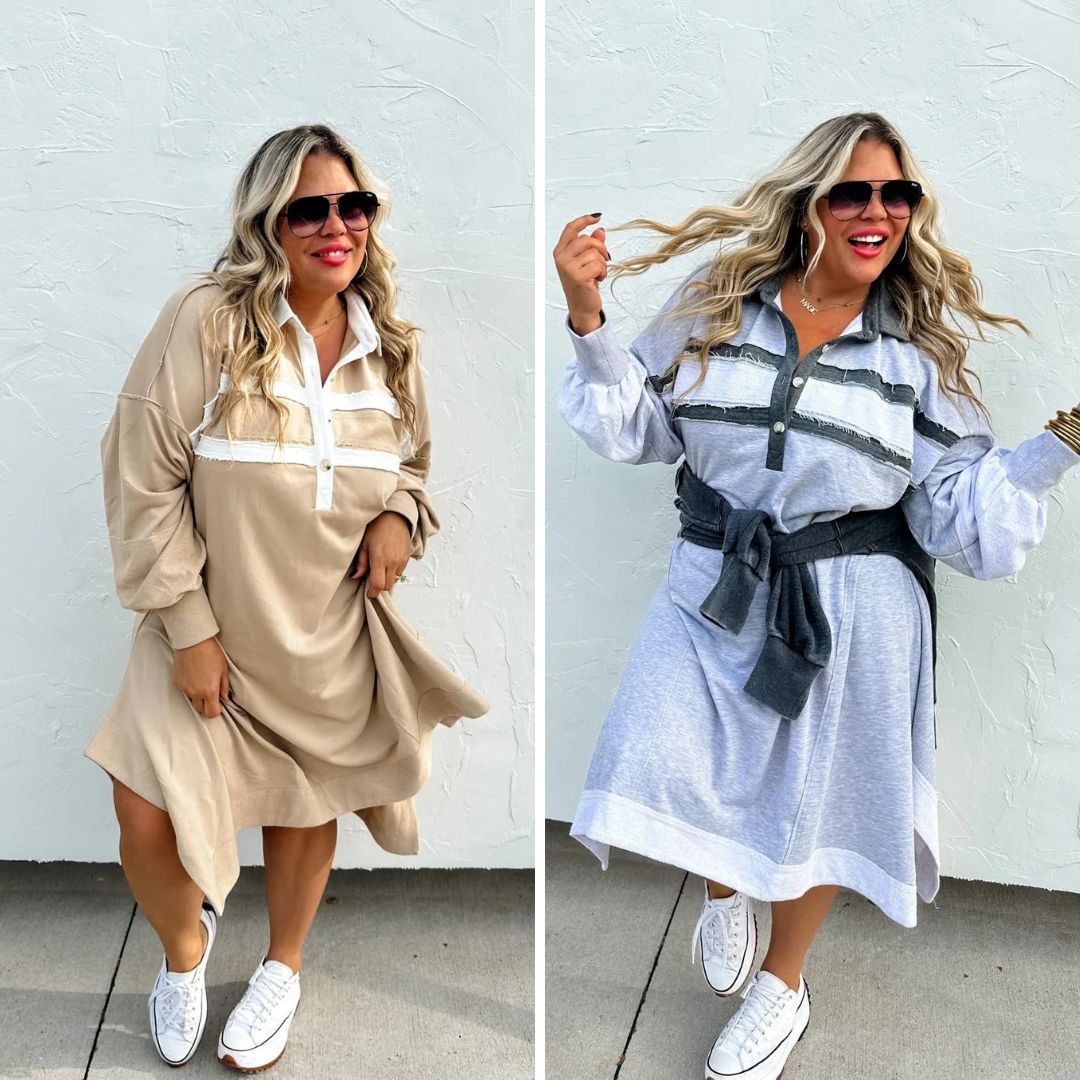 Varsity Jersey Dress in Two Colors Beige / 2XL Varsity Jersey Dress in Two Colors Beige / 2XL