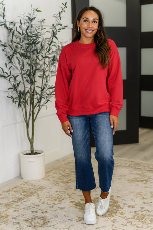 Sweet with a Side Eye Drop Shoulder Pullover in True Red**
