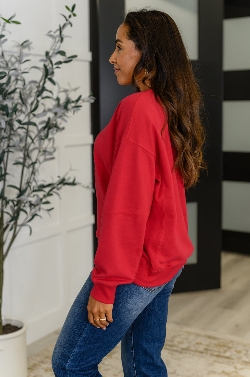 Sweet with a Side Eye Drop Shoulder Pullover in True Red**