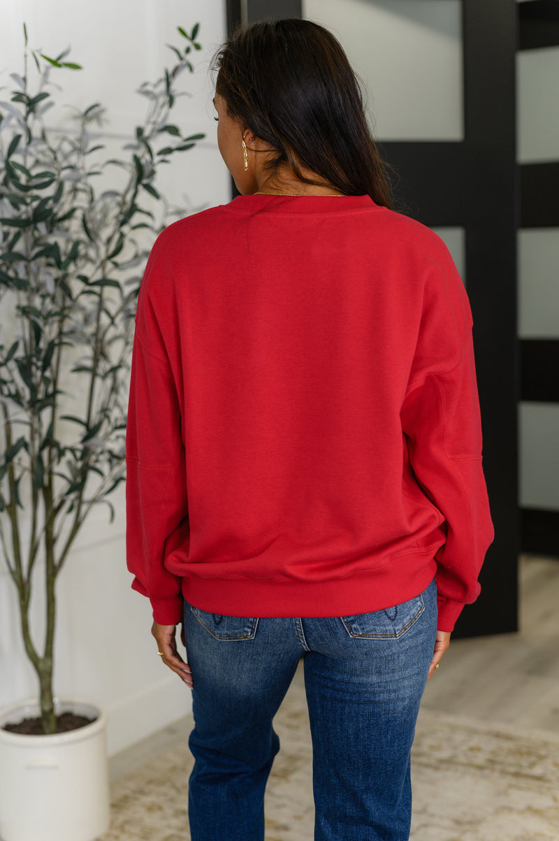 Sweet with a Side Eye Drop Shoulder Pullover in True Red**