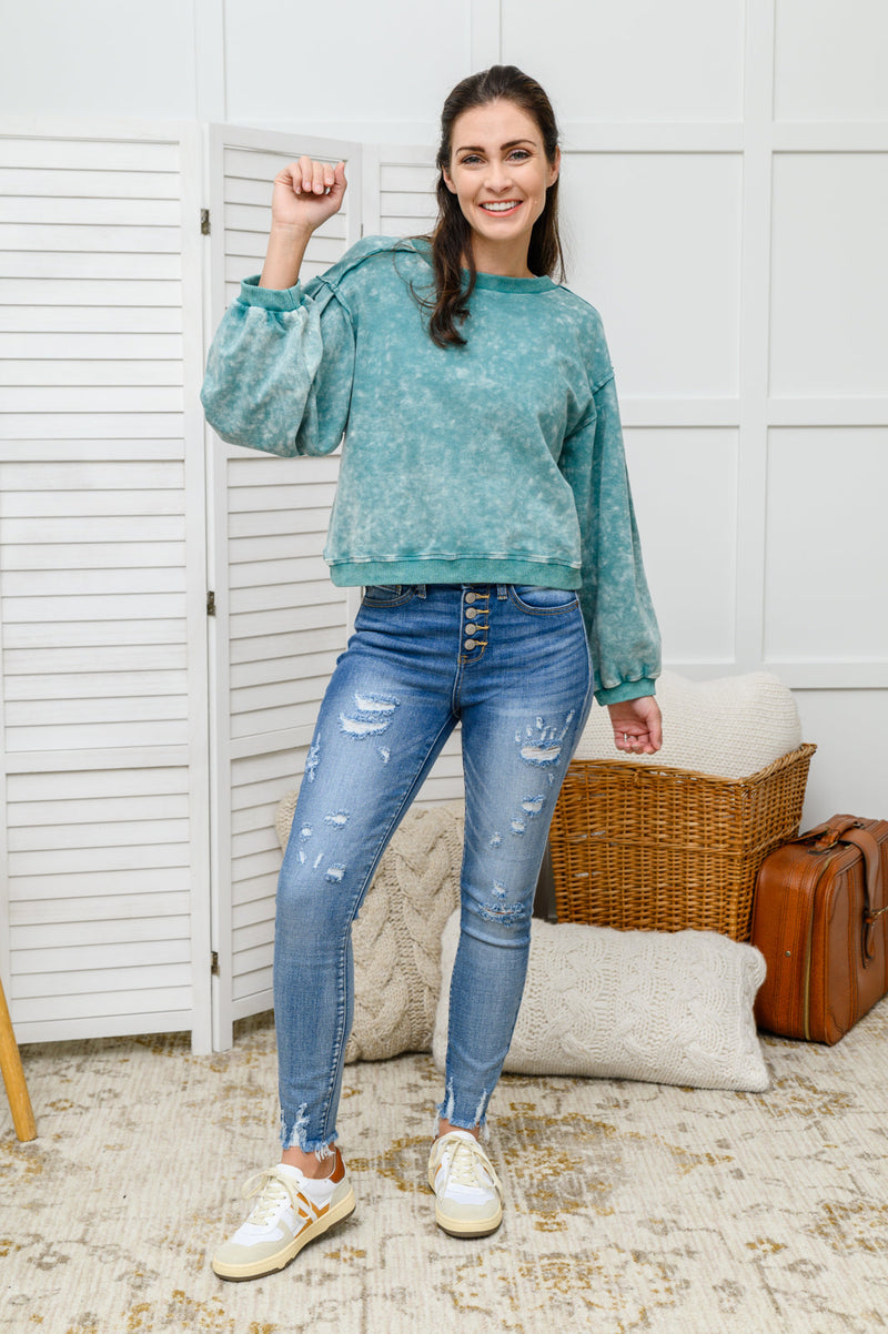 Tied Up In Cuteness Mineral Wash Sweater In Teal Womens