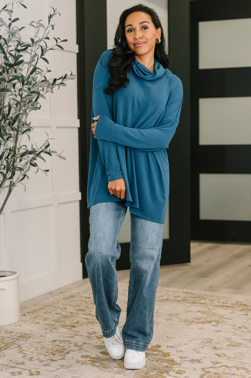 Travel Destination Cowl Neck Pullover in Dark Teal*