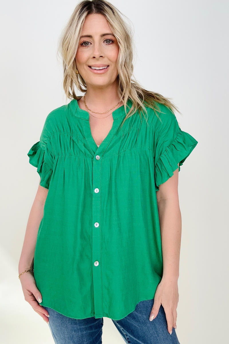 Woven Button Down Ruffle Sleeve Top Kelly Green / S Blouses