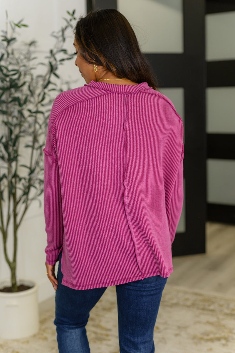 Wander & Rest Cable Ribbed Knit Drop Shoulder Top in Plum**