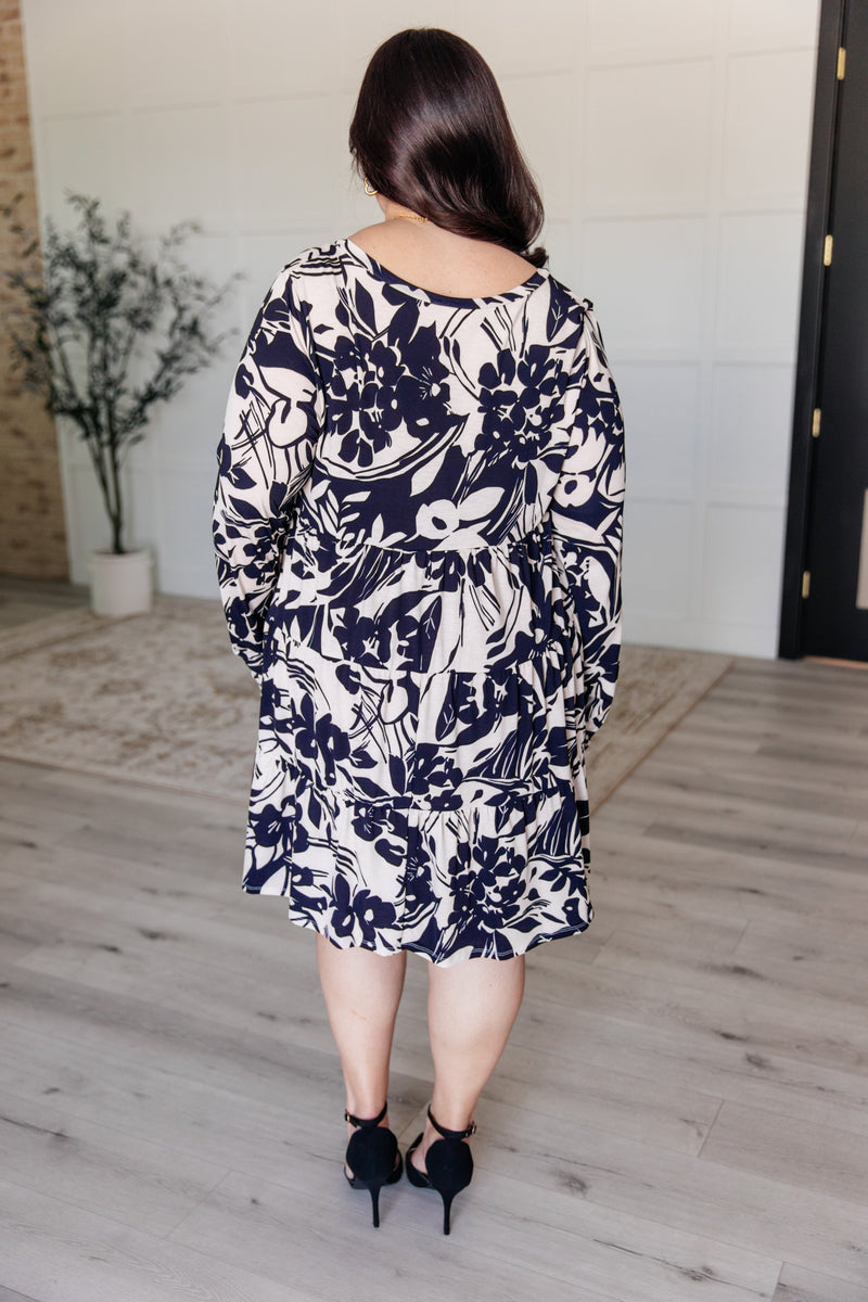 Worthwhile Moment Floral Tiered Dress in Oatmeal and Navy*