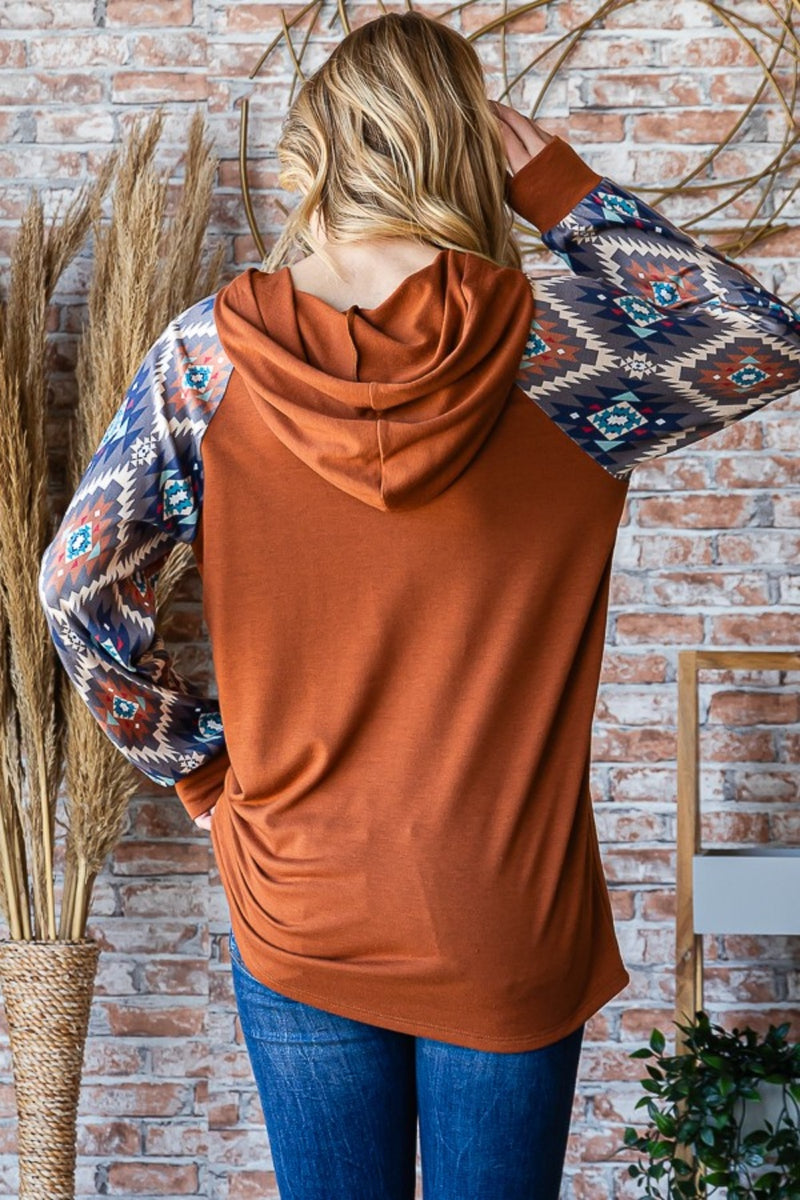 Half Button Printed Long Sleeve Hooded Top Mocha Brown