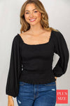 Black Long Sleeve Solid Knit Smocked Top