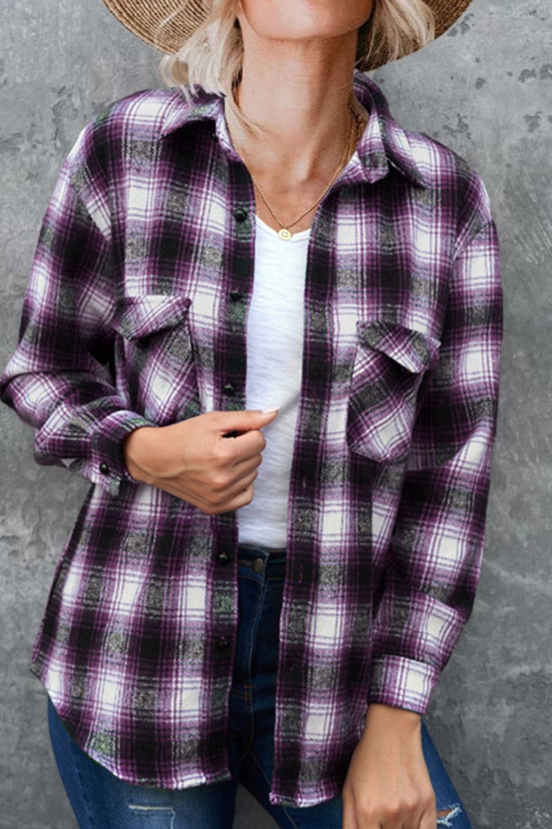 Plaid Collared Neck Long Sleeve Shirt