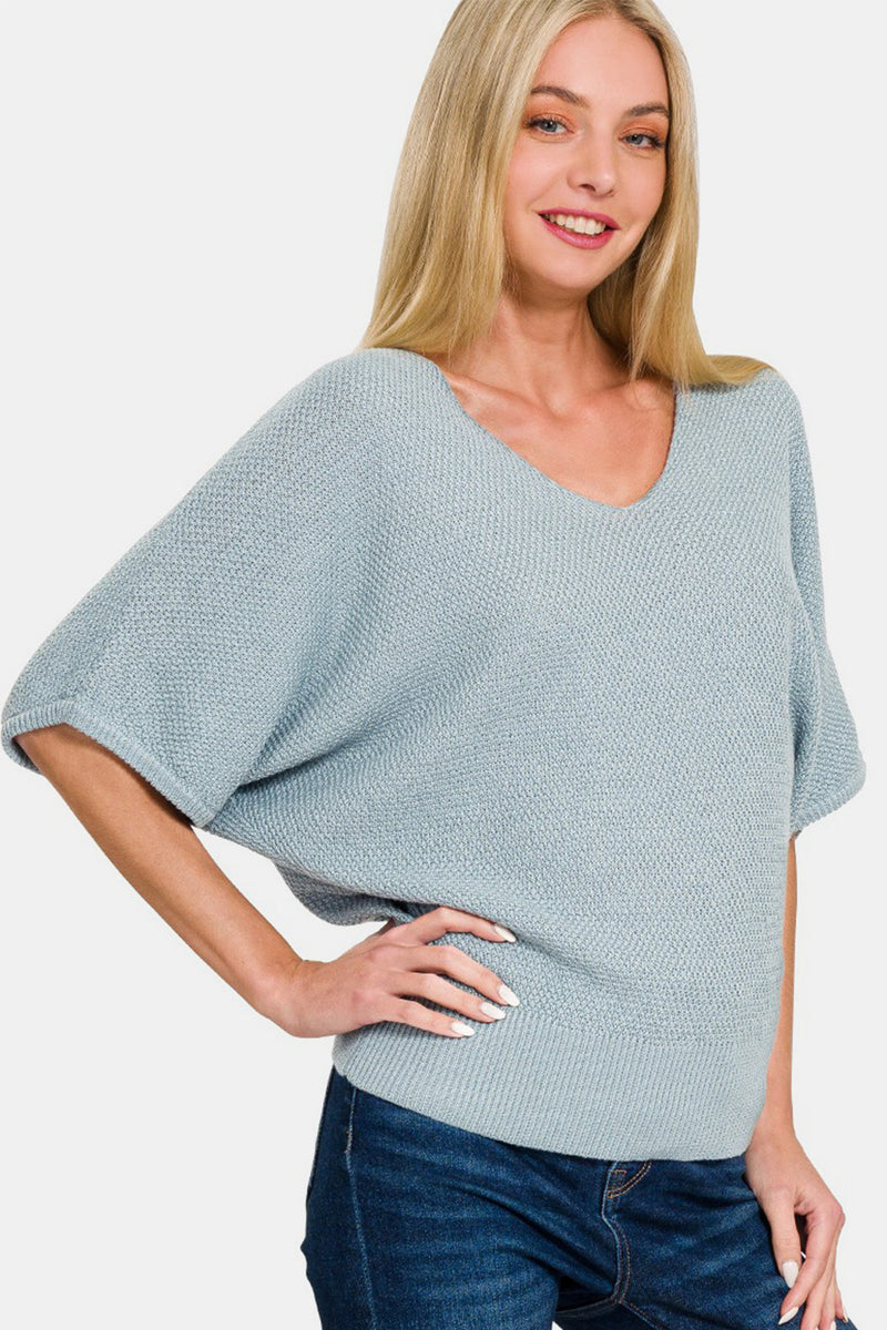 V-Neck Short Sleeve Dolman Sweater Powder Blue