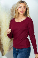 Wine Long Sleeve Solid Knit Top