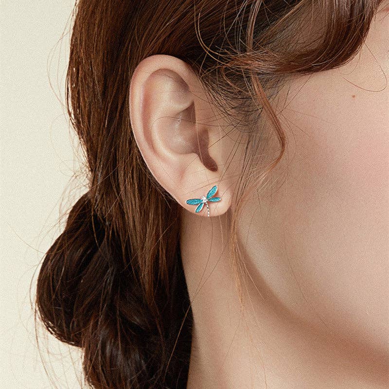 Blue Enamel Dragonfly Stud Earrings in 925 Sterling Silver