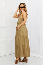 Spaghetti Strap Tiered Dress With Pockets In Khaki