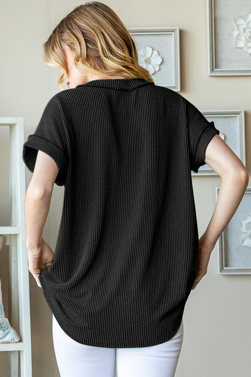 Front Pocket Short Sleeve Ribbed Top