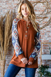 Half Button Printed Long Sleeve Hooded Top Mocha Brown