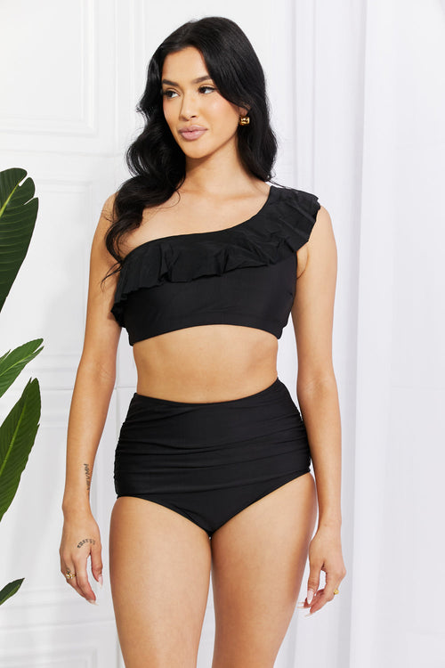 Marina West Swim Seaside Romance Ruffle One-Shoulder Bikini In Black / S