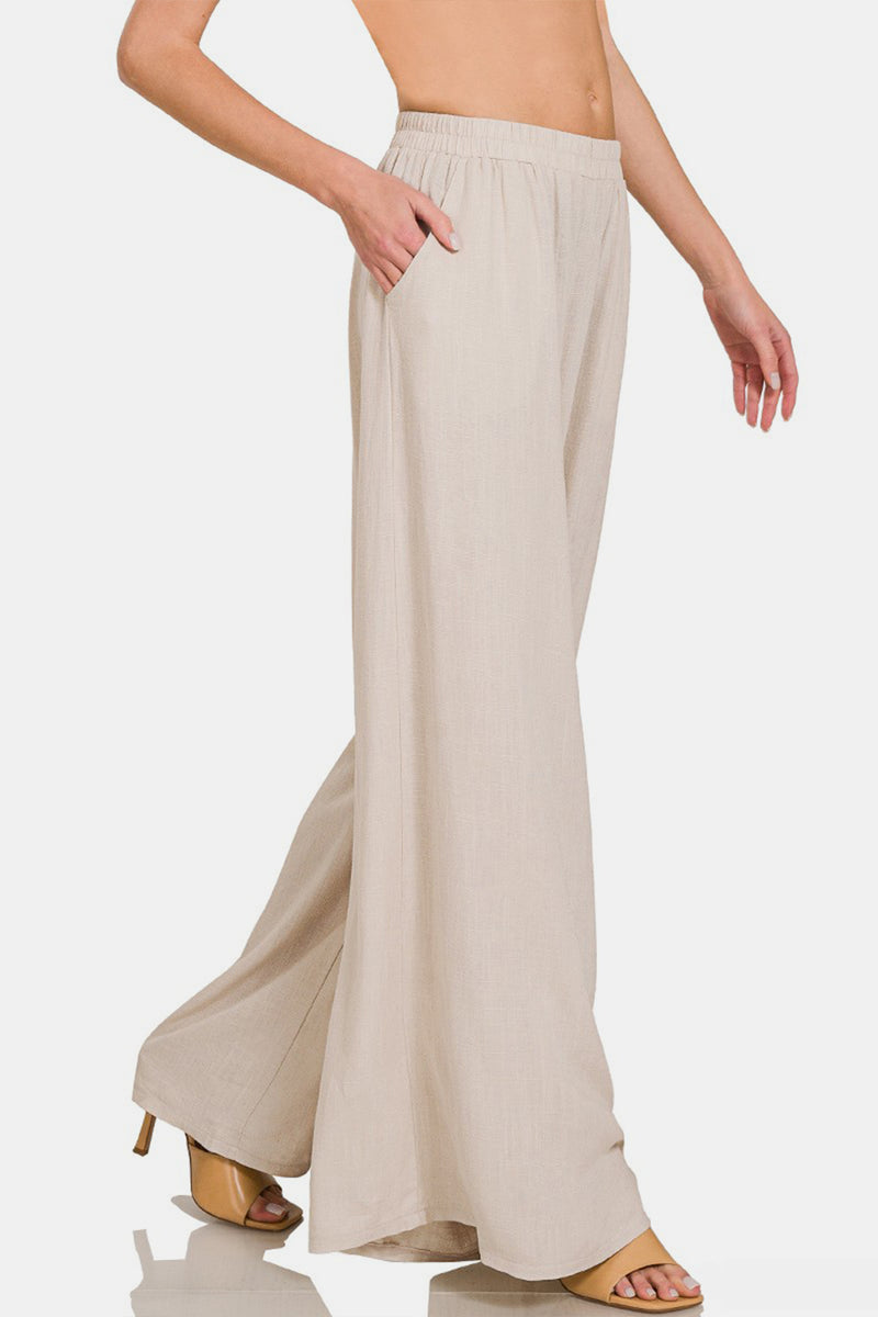 Pleated Linen Blend Wide Leg Pants in Sand