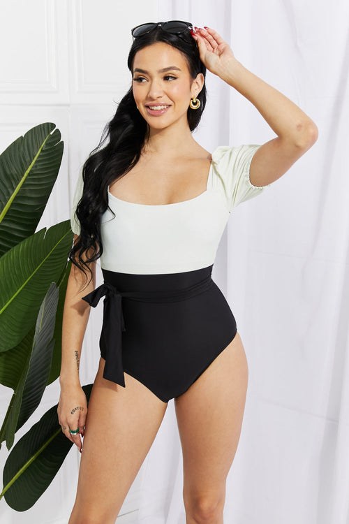 Marina West Swim Salty Air Puff Sleeve One-Piece In Cream/Black / S
