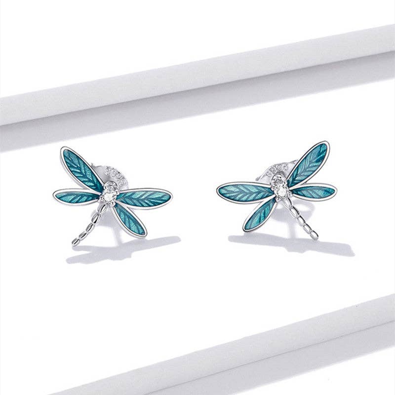 Blue Enamel Dragonfly Stud Earrings in 925 Sterling Silver