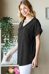 Front Pocket Short Sleeve Ribbed Top