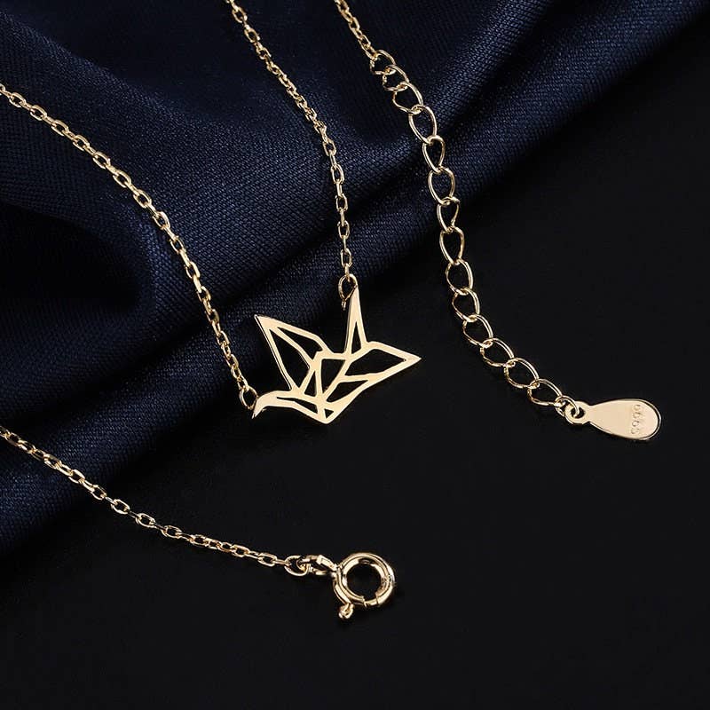 Japanese Orizuru Crane Charm Necklace in 925 Sterling Silver: Rose gold