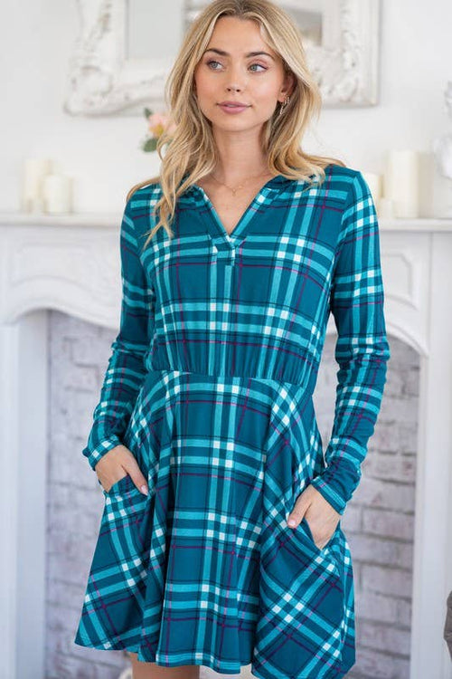 Teal Long Sleeve Plaid Knit Dress