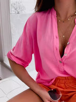 Half Button Notched Half Sleeve Blouse*