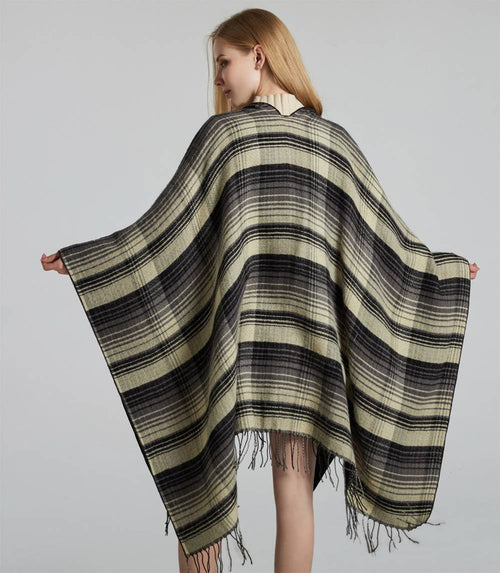 Plaid Knit Reversible Open Front Poncho Wrap with Fringe: Black