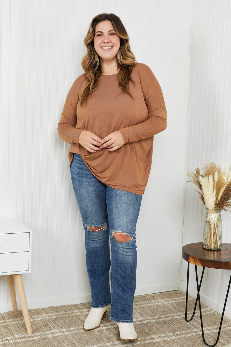 Round Neck Dropped Shoulder Tunic Top In Deep Camel