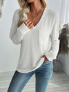 Pocketed Textured V-Neck Long Sleeve T-Shirt