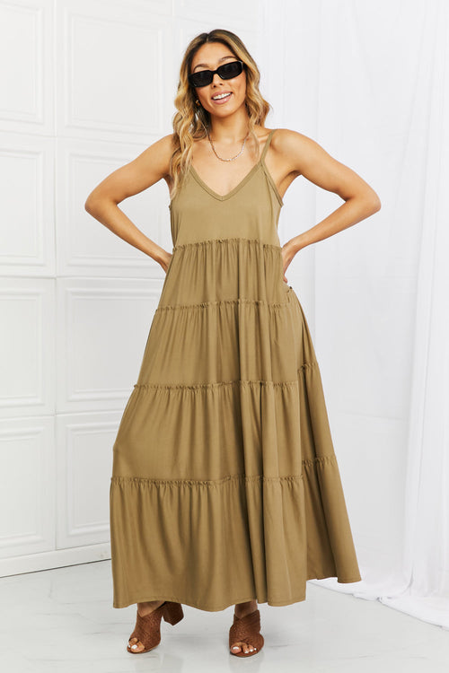 Spaghetti Strap Tiered Dress With Pockets In Khaki / S