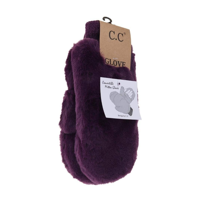 C.C Beanie - Fuzzy Lined Fur Women's Convertible Mittens: Purple