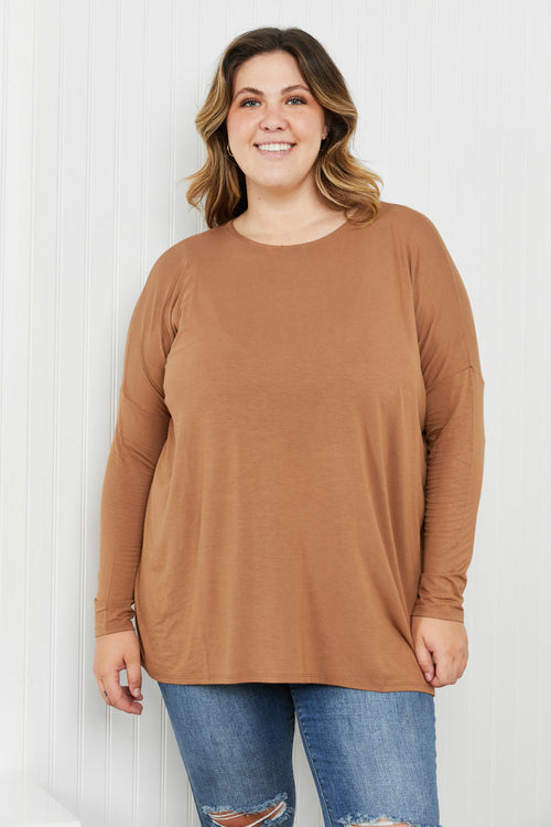 Round Neck Dropped Shoulder Tunic Top In Deep Camel / S