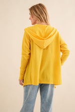 Thermal Hooded Open Front Cardigan with Pockets in Vivid Yellow