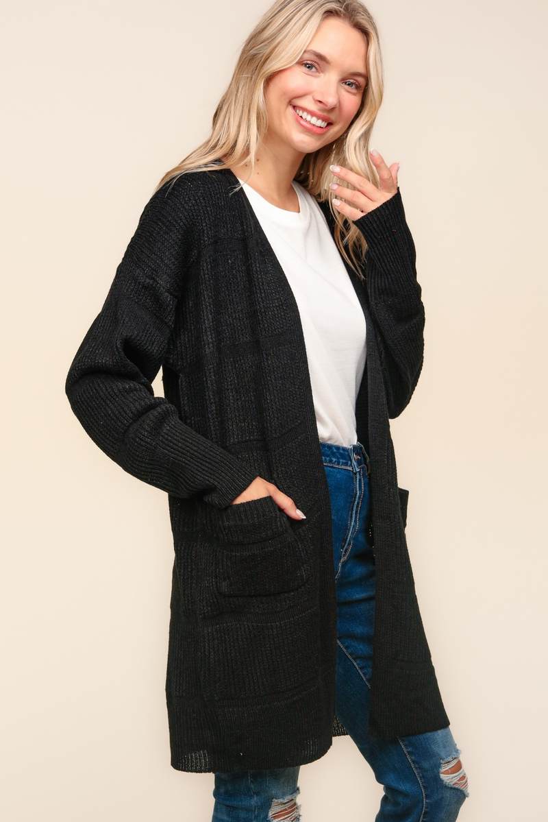 Stripe Textured Open Cardigan with Pockets in Black