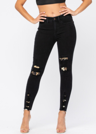 Leopard Patch Black Jeans