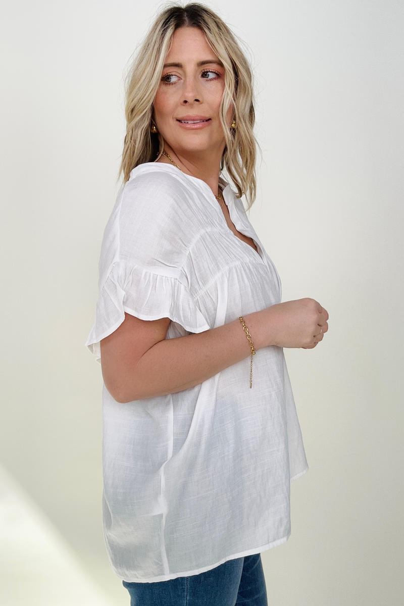 Woven Button Down Ruffle Sleeve Top Blouses