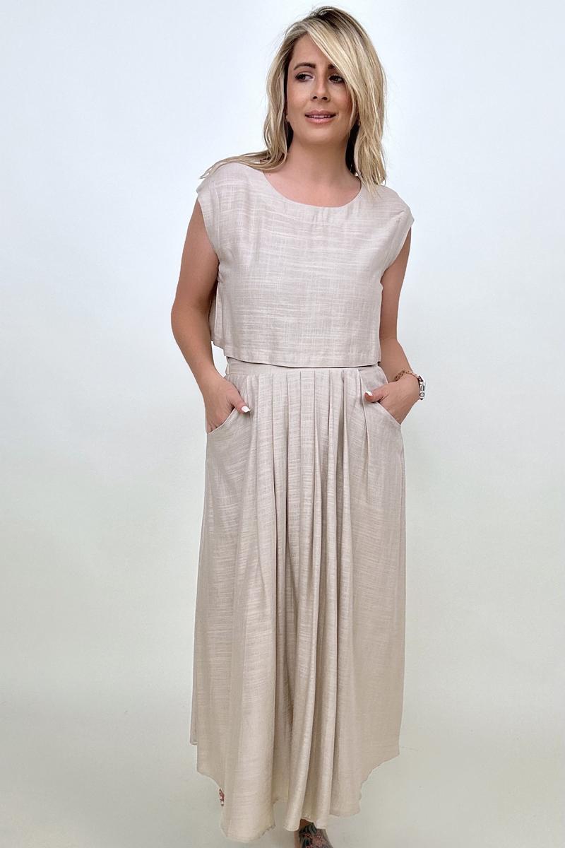 White Birch Sleeveless Linen Top And Skirt Set Oatmeal / S Pants Sets