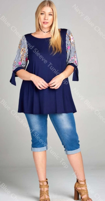 Navy Blue Checkered Sleeve Tunic Top