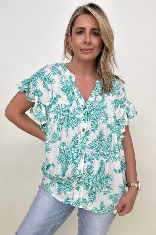 Cozy Co Floral Print Button Down Ruffle Sleeve Top Mint / S Blouses