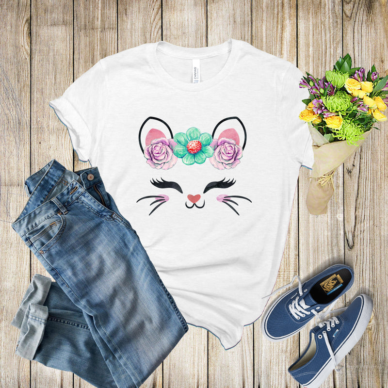 Graphic Tee - Kitty With Purple And Teal Flowers