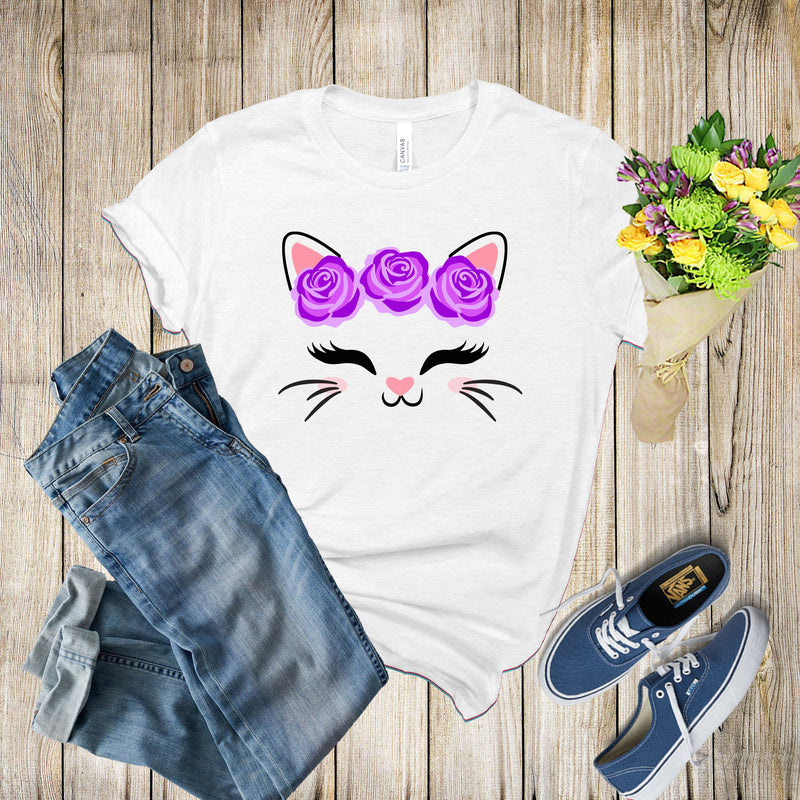 Graphic Tee - Kitty With Purple Flowers