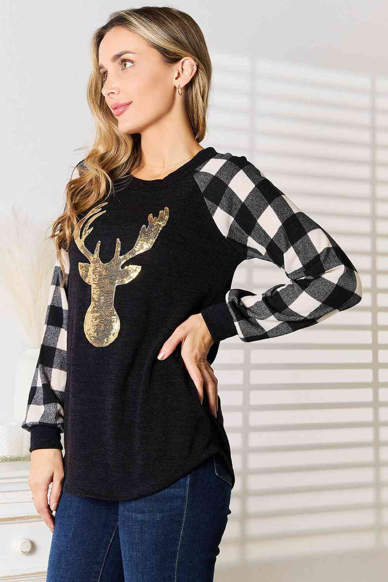 Sequin Reindeer Graphic Plaid Top - White