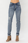 Judy Blue Mid-Rise Button Fly Contrast Wash Cuffed Boyfriend Jeans