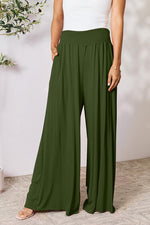 Smocked Wide Waistband Wide Leg Pants**