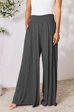 Smocked Wide Waistband Wide Leg Pants**