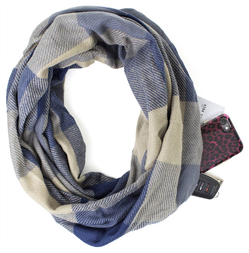 Stylish Plaid Infinity Scarf with Hidden Zipper: Grey